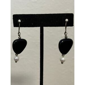 Sterling Silver Black Glass & Freshwater Pearls Dangle Earrings
